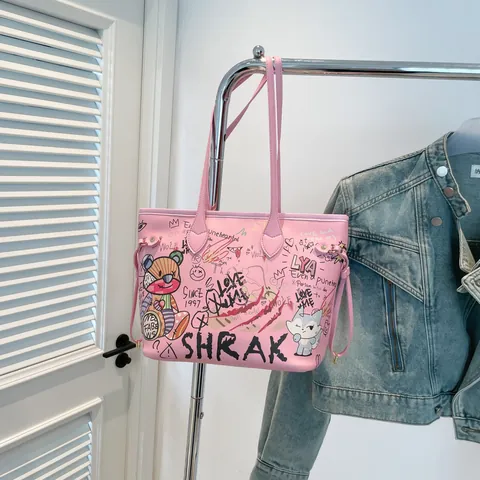Graffiti Print Tote Bag PU Leer Grote Capaciteit Street Style Schoudertas Voor Vrouwen Casual Reizen