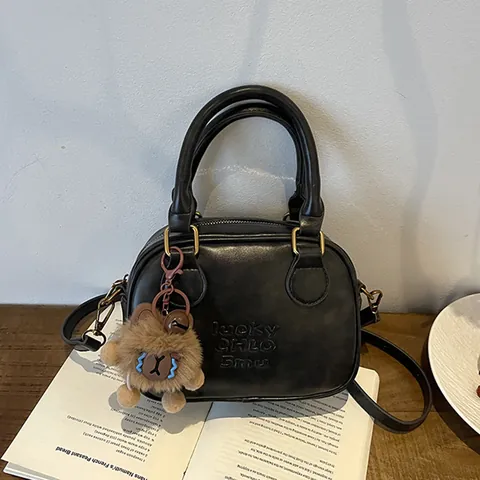 Fashion PU Leather Small Square Bag Retro Boston Handbag For Women Solid Color Crossbody Shoulder Bag With Plush Bear Pendant