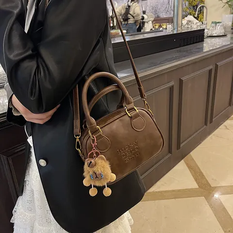 Fashion PU Leather Small Square Bag Retro Boston Handbag For Women Solid Color Crossbody Shoulder Bag With Plush Bear Pendant