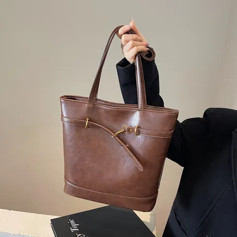Dames Vintage PU Leer Grote Tote Bag Casual Contrastkleur Grote Capaciteit Schoudertas Met Metalen Gesp Woon Werkverkeer Handtas