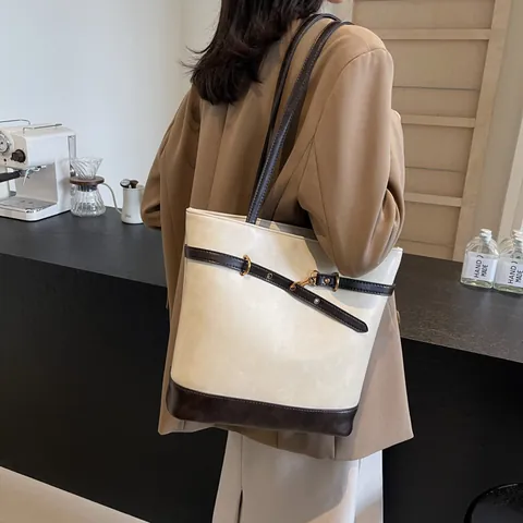 Dames Vintage PU Leer Grote Tote Bag Casual Contrastkleur Grote Capaciteit Schoudertas Met Metalen Gesp Woon Werkverkeer Handtas
