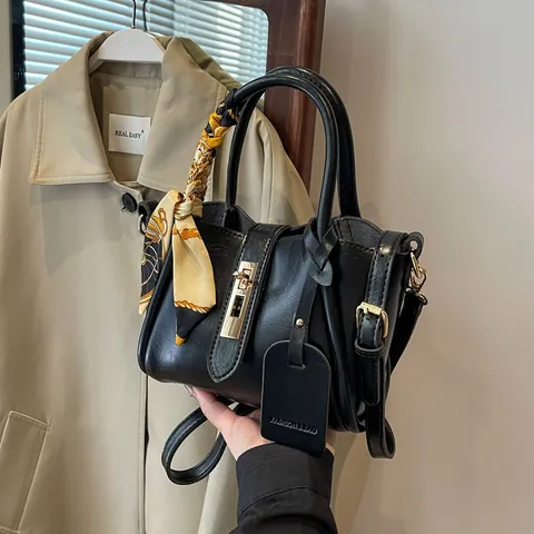 Vintage PU Leder Handtasche Für Damen Urban Minimalistisch Umhängetasche Mit Seidenschal Metallverschluss Verstellbarem Riemen