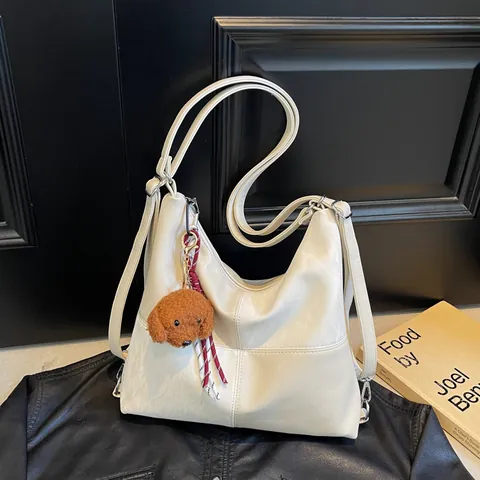 Vintage PU Leer Patchwork Grote Capaciteit Tote Bag Voor Vrouwen Mode Casual Woon-werkverkeer Schoudertas Met Pluche Hanger Decoratie