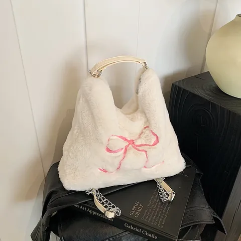 Damen Casual Plüsch Tote Bag Pink Schleife Stickerei Kunstpelz Hobo Umhängetasche Mit Metallkette Winter Mode Handtasche