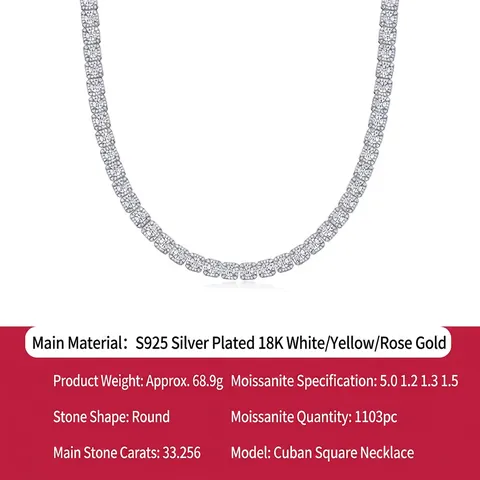 Hip Hop S925 Sterling Silver Moissanite Tennis Necklace Square Cut Halo D Color Moissanite Choker Jewelry For Men Women