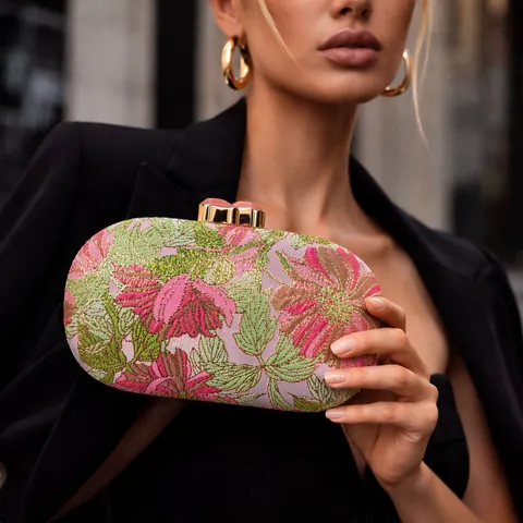 Pochette Da Sera Ricamata Floreale Jacquard Rigida Ovale Borsa A Mano Con Chiusura In Pietre Preziose Per Donna Festa Matrimonio