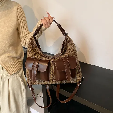 Vintage Große Kapazität Damen Umhängetasche Spleiß Tweed PU-Leder Multi-Tasche Rucksack Umhängetasche Hobo Tasche Täglich Tote