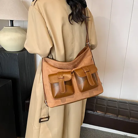 Vintage Große Kapazität Damen Umhängetasche Spleiß Tweed PU-Leder Multi-Tasche Rucksack Umhängetasche Hobo Tasche Täglich Tote