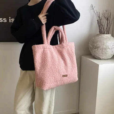 Große Kapazität Plüsch Tragetasche Kunstpelz Schultertasche Für Damen Warme Winter Weiche Lässige Handtasche Achseltasche Mode Top Handle Bag