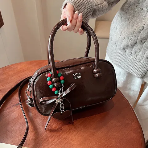 Vintage Women Glossy PU Leather Boston Bag Retro Top Handle Handbag With Beaded Charm Crossbody Shoulder Bag Small Pillow Bag