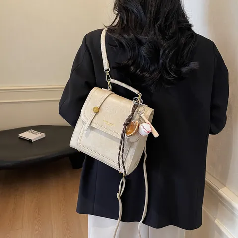 Korean Retro PU Leather Mini Backpack Handbag For Women Vintage Commuting Small Square Satchel With Baseball Charm And Adjustable Straps