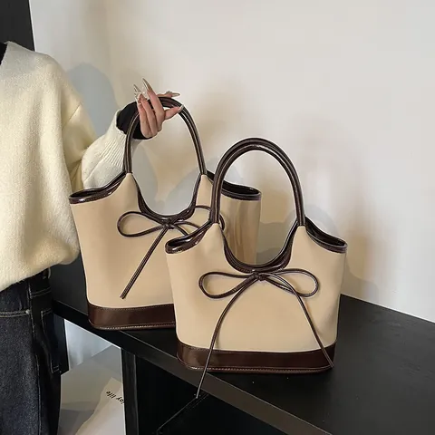Bolso Tote de Moda para Mujer Color de Contraste Vintage Patchwork con Lazo Cuero de PU Lona Bolso de Hombro Gran Capacidad Bolso de Axila Casual