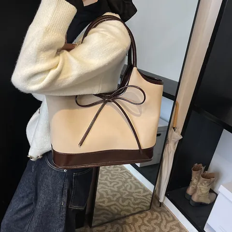 Bolso Tote de Moda para Mujer Color de Contraste Vintage Patchwork con Lazo Cuero de PU Lona Bolso de Hombro Gran Capacidad Bolso de Axila Casual