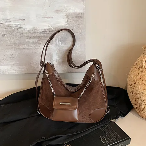 Women Retro PU Leather Patchwork Suede Shoulder Bag Chic Crescent Hobo Bag With Silver Chain Detachable Mini Pouch Tote Bag
