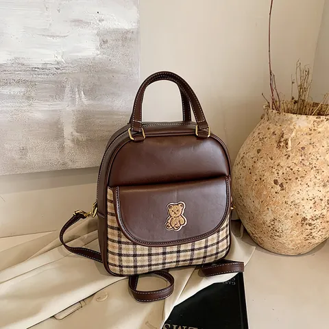 Women Fashion PU Leather Grid Splicing Backpack Vintage Teddy Bear Embroidery Patch Large Capacity Handbag Crossbody Bag