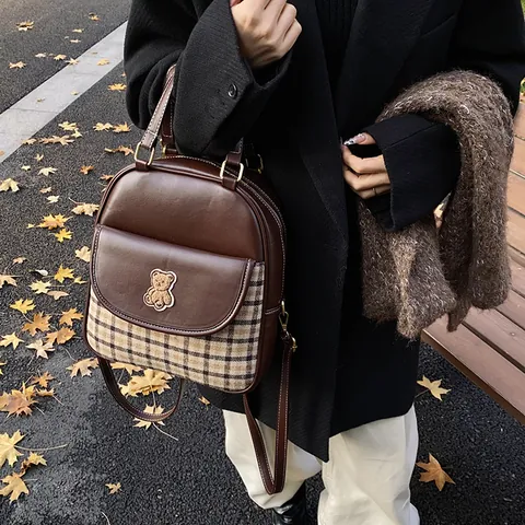 Women Fashion PU Leather Grid Splicing Backpack Vintage Teddy Bear Embroidery Patch Large Capacity Handbag Crossbody Bag