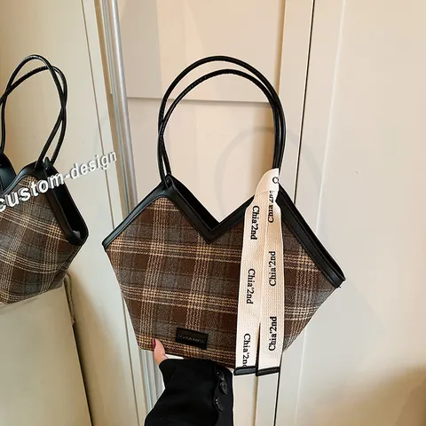 Vintage Plaid Cloth PU Leather Tote Bag For Women V Shaped Opening Large Capacity Shoulder Bag With Decorative Ribbon