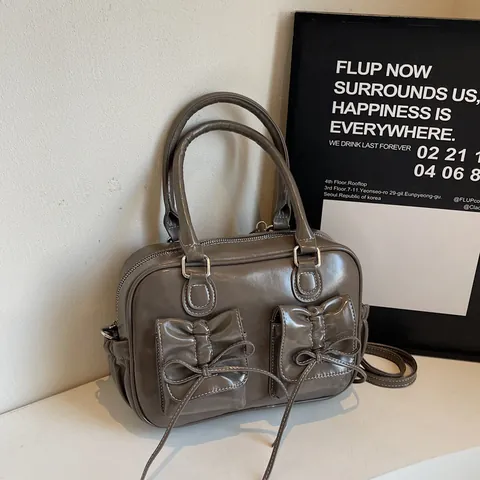 Women Retro Glossy PU Leather Boston Handbag With Bow Decoration Contrast Stitching Small Square Shoulder Crossbody Bag