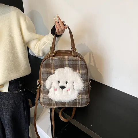Women Plaid Backpack Cute Plush Dog Patch Handbag Large Capacity PU Leather Casual School Travel Shoulder Bag