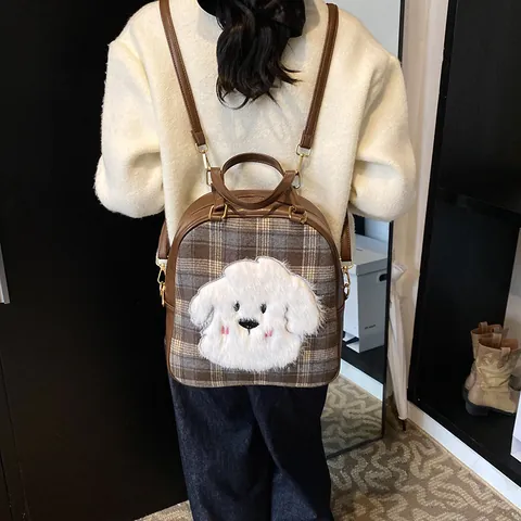 Women Plaid Backpack Cute Plush Dog Patch Handbag Large Capacity PU Leather Casual School Travel Shoulder Bag
