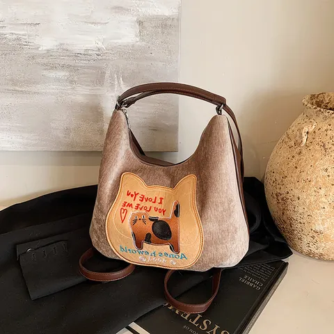 Modische Damen Cord Tragetasche Große Kapazität Katze Stickerei Schultertasche Casual Täglich Pendeln Handtasche