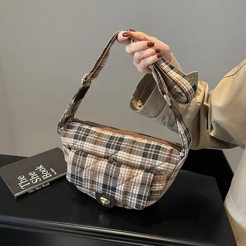 Vintage Geruite Gevoerde Borsttas Voor Vrouwen Stof Hahnentritt Crossbodytas Mode Schoudertas Dagelijks Portemonnee