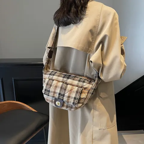 Vintage Geruite Gevoerde Borsttas Voor Vrouwen Stof Hahnentritt Crossbodytas Mode Schoudertas Dagelijks Portemonnee