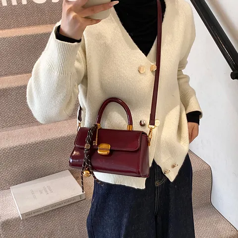 Women Retro Glossy PU Leather Underarm Shoulder Bag Vintage Small Square Crossbody Bag With Gold Lock And Designer Pendant