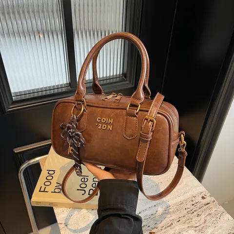 Vintage PU Leather Boston Pillow Bag Women Fashion Crossbody Shoulder Bag With Metal Letter Ribbon Charm Daily Handbag