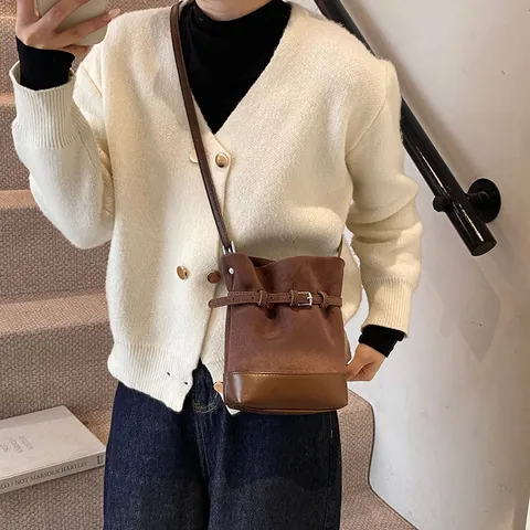 Vintage Ματ Δέρμα PU Patchwork Τσάντα Bucket για Γυναίκες Μεταλλική Πόρπη Ζώνη Διακοσμητική Μικρή Τσάντα Χιαστί Καθημερινή Τσάντα