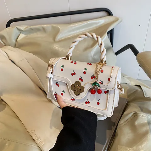 Borsa a Tracolla da Donna in Pelle PU con Stampa Ciliegia Piccola Quadrata Manico Intrecciato Chiusura a Fiore