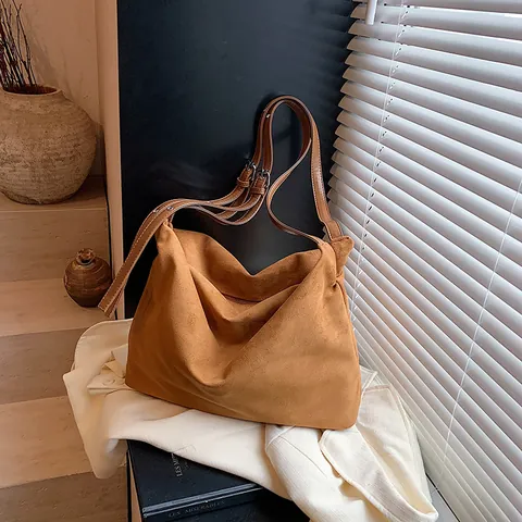 Large Capacity Women Tote Bag Minimalist Suede PU Leather Shoulder Bag Retro Leopard Solid Color Commuter Hobo Underarm Bag