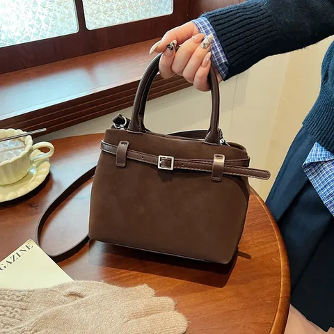 Vintage Frosted PU Leather Crossbody Bag For Women Mini Bucket Tote Handbag With Belt Buckle Decor Commuting Shoulder Bag
