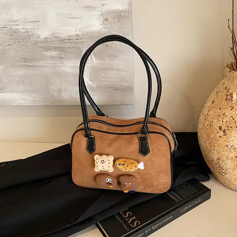 Damen Vintage Wildleder-Optik PU保龄球包 Mit Cartoon-Plüsch-Patches Retro Kontrastfarben Crossbody Schulterhandtasche Täglich