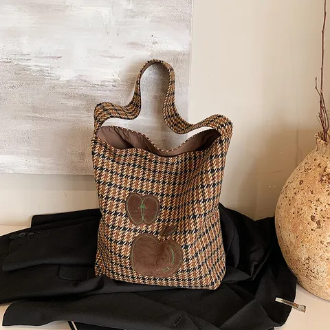 Dames Retro Hahnentritt Appel Patch Grote Capaciteit Tote Bag Wollen Tweed Schoudertas Woon-werkverkeer Casual Mode Handtas