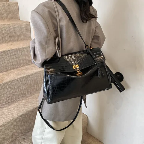 Women's Fashion Black Crocodile Pattern PU Leather Tote Bag Gold Metal Lock Large Capacity Handbag Shoulder Crossbody Bag For Commute