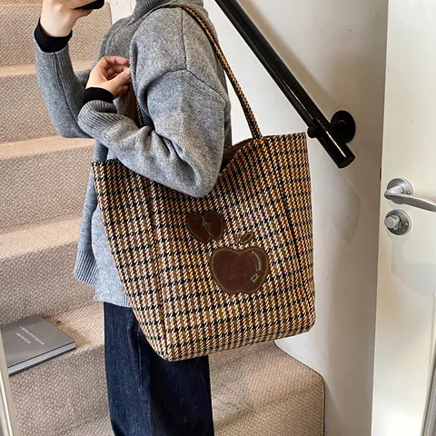 Dames Retro Hahnentritt Appel Patch Grote Capaciteit Tote Bag Wollen Tweed Schoudertas Woon-werkverkeer Casual Mode Handtas