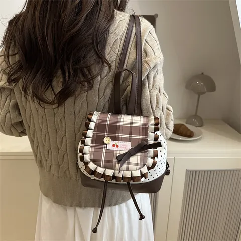 Women Mini Backpack Vintage Canvas PU Leather Star Print Plaid Cover Ruffle Bow Detail Cherry Patch College Style School Bag