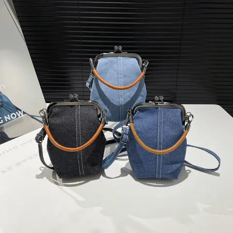 Vintage Denim Τσάντα Χειρός Με Κλείσιμο Kiss Lock Για Γυναίκες Μινιμαλιστική Τσάντα Κοχύλι Χιαστί Με Δερμάτινη Λαβή