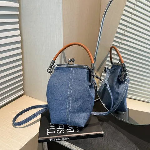 Vintage Denim Τσάντα Χειρός Με Κλείσιμο Kiss Lock Για Γυναίκες Μινιμαλιστική Τσάντα Κοχύλι Χιαστί Με Δερμάτινη Λαβή