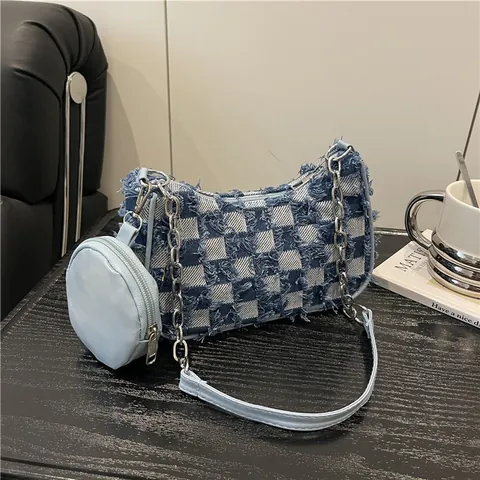Borsa a Tracolla in Denim Vintage da Donna Con Motivo a Stelle e Quadri Borso Sottoascellare Sfrangiata Catena Set