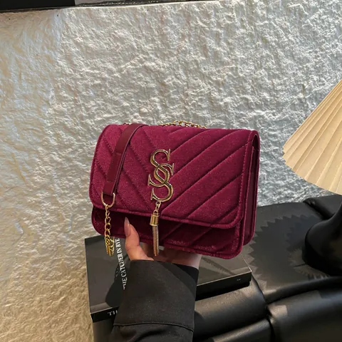 Borsa a Tracolla Vintage in Velluto Trapuntato Con Logo a Nappa in Metallo Catena d'Oro Borsa a Mano Per Donna Elegante Borsa Quadrata da Festa