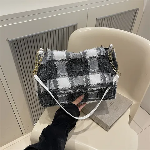 Vintage Karierte Tweed Umhängetasche Für Damen Goldene Kette Ausgefranste Kante Achselhöhle Baguette Tasche Schicke Pendler Handtasche