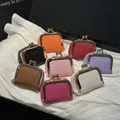 Vintage Mini Litchi Grain PU Leather Coin Purse With Gold Metal Kiss-lock Closure Retro Small Wallet For Jewelry Coins Women