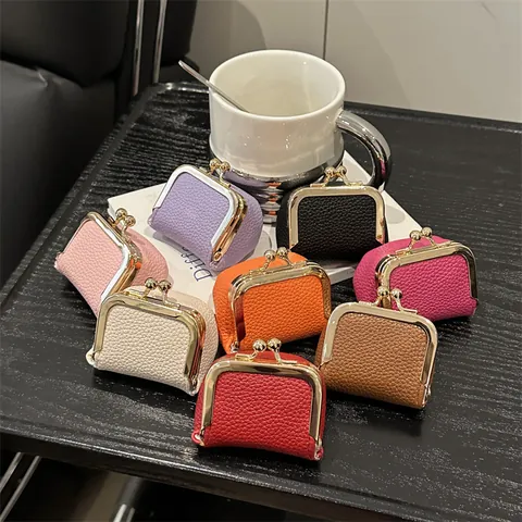 Vintage Mini Litchi Grain PU Leather Coin Purse With Gold Metal Kiss-lock Closure Retro Small Wallet For Jewelry Coins Women