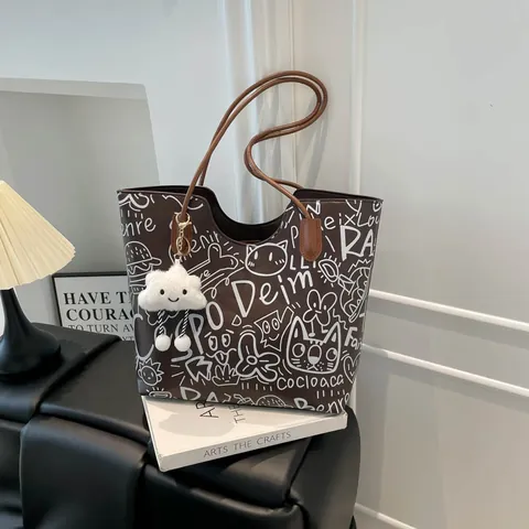 Women Large Capacity Graffiti Tote Bag PU Leather Shoulder Bag With Cartoon Cat Printed Pattern Optional Cloud Plush Charm