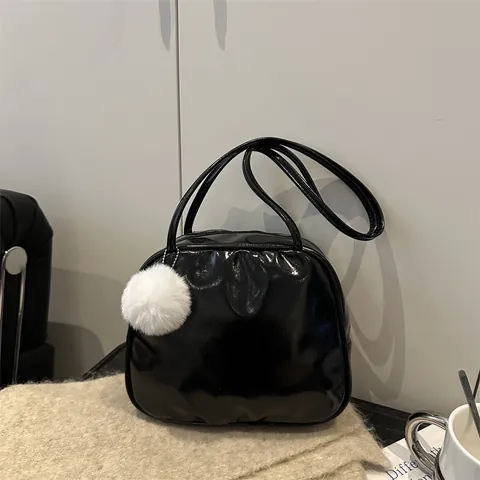 Minimalist PU Leather Underarm Shoulder Bag For Women Light Luxury Korean Style Solid Color Commute Handbag With Plush Ball