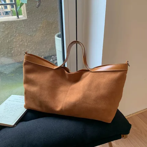Bolso Tote para Mujer Retro Gran Capacidad Cuero PU Textura Gamuza Bolso de Hombro Minimalista Bolso de Mano Bandolera