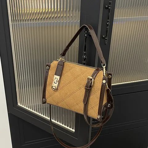 Vintage Quilted Diamond Grid Handbag For Women Korean Style Contrast Color Suede Square Shoulder Crossbody Bag With Metal Lock