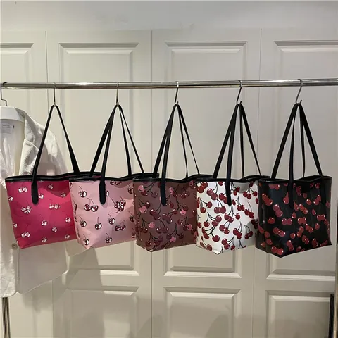 Bolso De Hombro Para Mujer Bolso Tote Cuero PU Estampado De Cereza Gran Capacidad Casual Moderno Cremallera